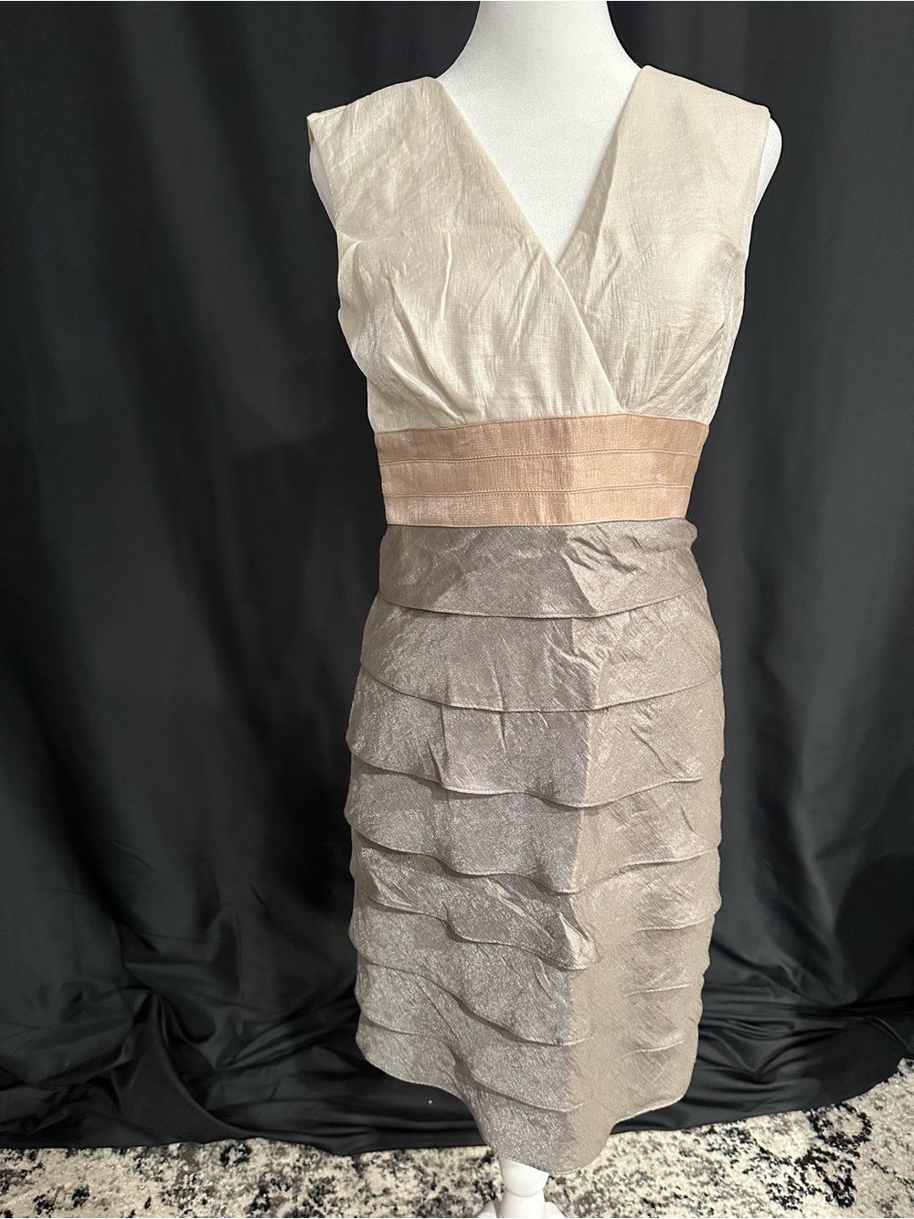 Jessica Howard Two-Tone Cream Top with Taupe Tiered Skirt Dress